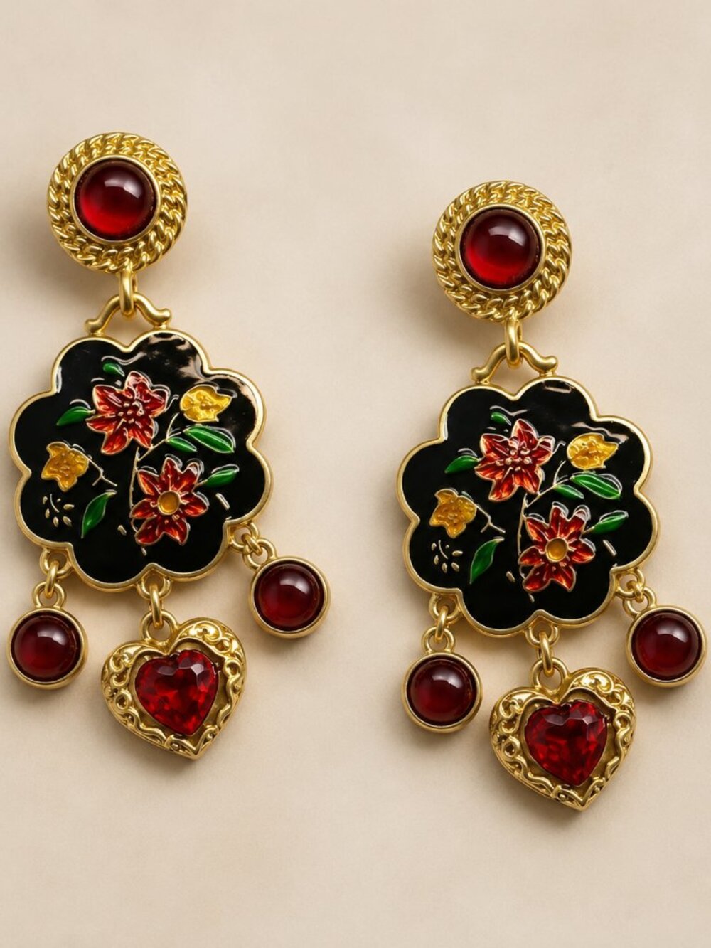 Vintage Style Black Enamel Floral Dangle Earrings Red Heart Gold Tone NWT